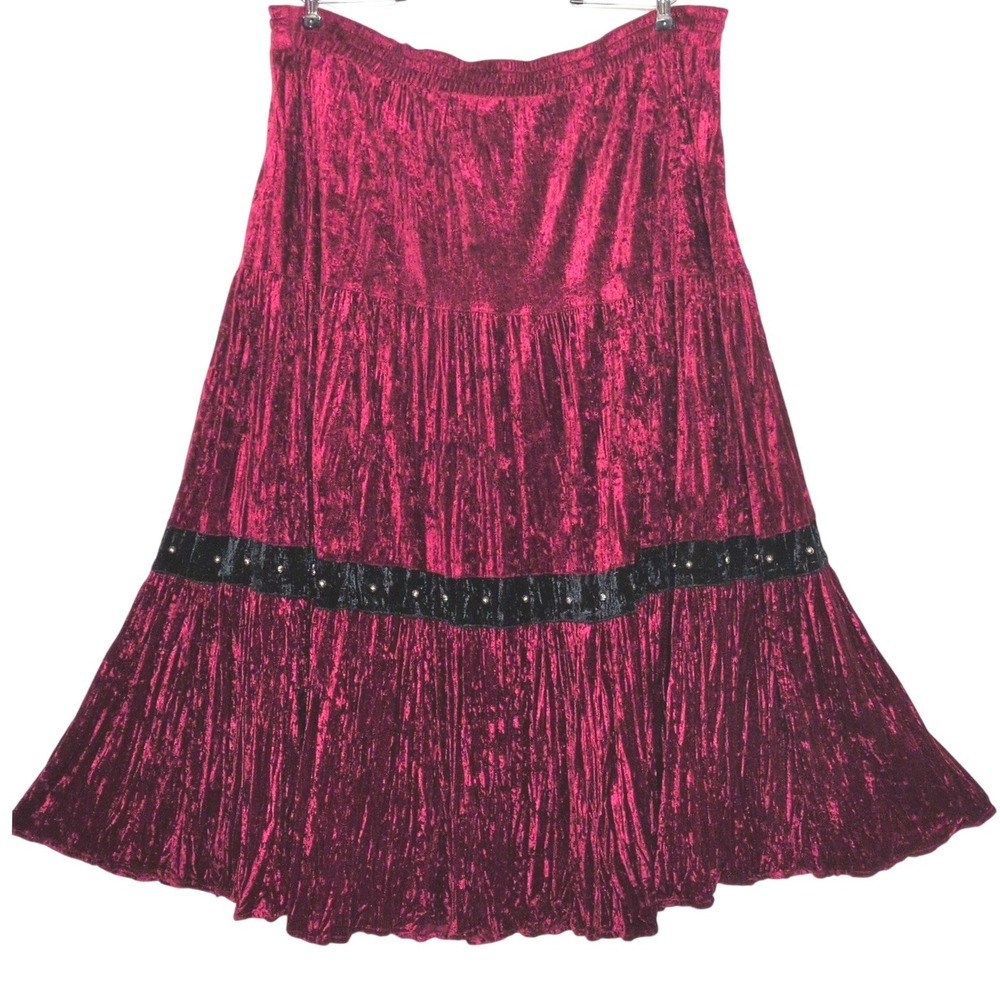 Roper Women's Large Burgundy Crushed Velvet Broomstick Maxi Skirt Studded USA